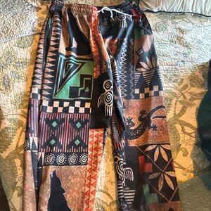 Bold Tribal Spirit Mens XL Patchwork Pants - Gecko & Wolf Design!